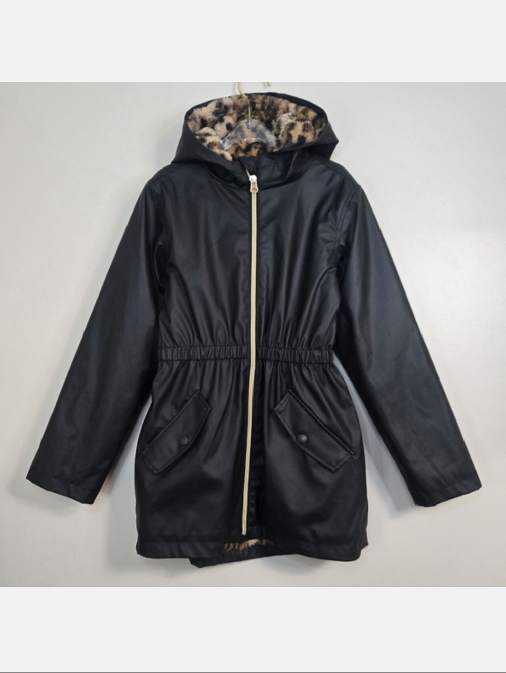 C&C California Girls Black Faux Fur Leopard Lined Raincoat, Size 8 ~ EUC